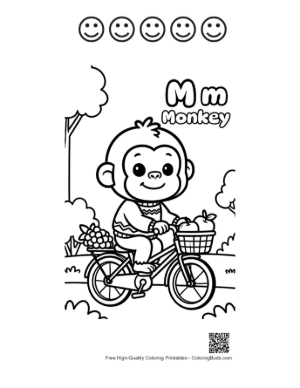 Thumbnail: Baby Chimpanzee Riding a Bicycle with a Basket Printable and 5 Happy Face Outline