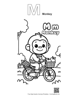 Thumbnail: Baby Chimpanzee Riding a Bicycle with a Basket Printable Outline Alphabet M Monkey