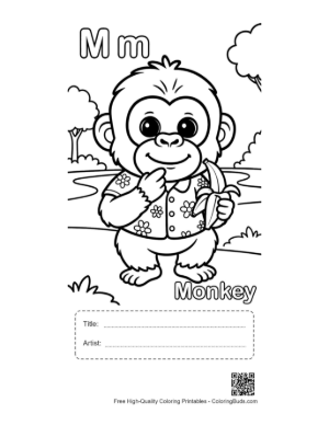 Thumbnail: Cute Baby Chimpanzee Eating a Banana Coloring Page Printable with Title and Artist Box