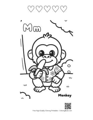 Thumbnail: Little Chimpanzee Sitting and Peeling a Banana Printable and 5 Heart Outline