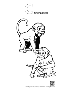 Thumbnail: Two Happy Chimpanzees Playing with Stick Printable Outline Alphabet C Chimpanzee