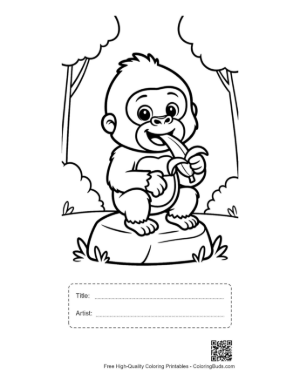 Thumbnail: Adorable Young Gorilla Sitting and Holding a Banana Printable with Title and Artist Box