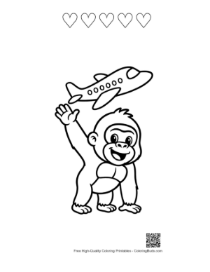 Thumbnail: Baby Gorilla Waving at a Flying Airplane in the Sky Printable and 5 Heart Outline