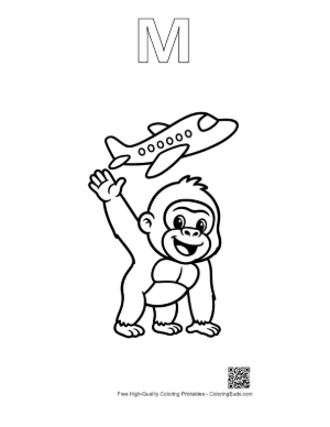 Thumbnail: Baby Gorilla Waving at a Flying Airplane in the Sky Printable Outline Alphabet M