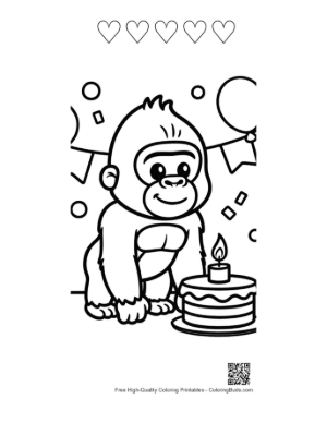 Thumbnail: Cute Baby Gorilla at a Birthday Party with Decorations Printable and 5 Heart Outline