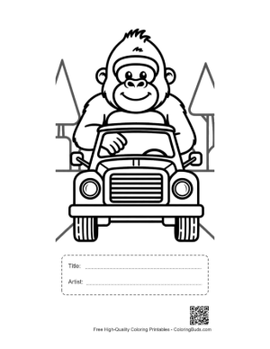 Thumbnail: Friendly Gorilla Cub Steering a Big Safari Vehicle Printable with Title and Artist Box