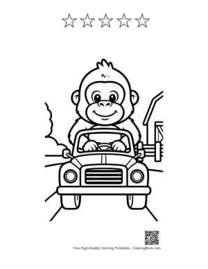 Thumbnail: Little Gorilla Driving a Classic Car Down the Road Printable and 5 Star Outline