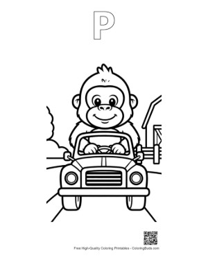 Thumbnail: Little Gorilla Driving a Classic Car Down the Road Printable Outline Alphabet P