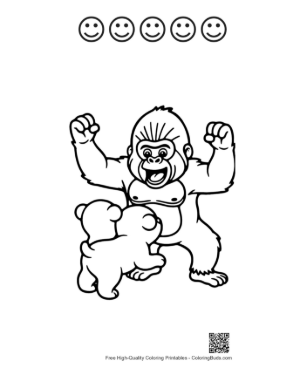 Thumbnail: Playful Gorilla Flexing with Adorable Bear Cub Printable and 5 Happy Face Outline