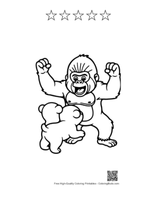 Thumbnail: Playful Gorilla Flexing with Adorable Bear Cub Printable and 5 Star Outline