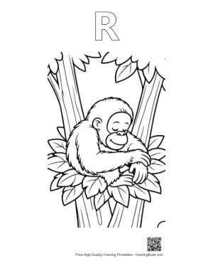 Thumbnail: Calm Baby Orangutan Sleeping Soundly Tucked in Green Leaves Printable Outline Alphabet R
