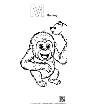 Thumbnail: Cheerful Orangutan Hugging Teddy Bear Printable Outline Alphabet M Monkey