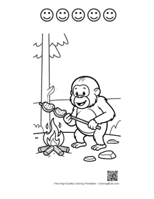 Thumbnail: Cute Forest Ape Roasting Marshmallows over a Small Campfire Printable and 5 Happy Face Outline