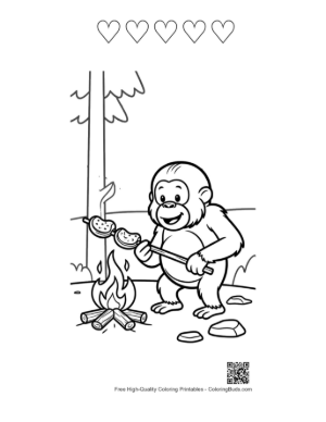 Thumbnail: Cute Forest Ape Roasting Marshmallows over a Small Campfire Printable and 5 Heart Outline
