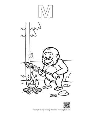 Thumbnail: Cute Forest Ape Roasting Marshmallows over a Small Campfire Printable Outline Alphabet M