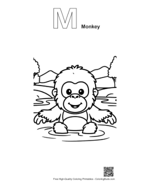Thumbnail: Cute Orangutan Cooling Off in a Shallow Jungle Stream Printable Outline Alphabet M Monkey
