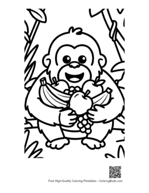 Thumbnail: Happy Young Orangutan Sitting with a Basket of Bananas and Grapes Printable