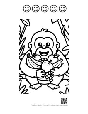Thumbnail: Happy Young Orangutan Sitting with a Basket of Bananas and Grapes Printable and 5 Happy Face Outline