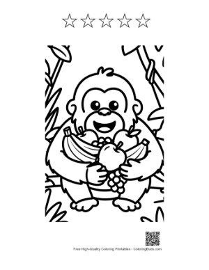 Thumbnail: Happy Young Orangutan Sitting with a Basket of Bananas and Grapes Printable and 5 Star Outline