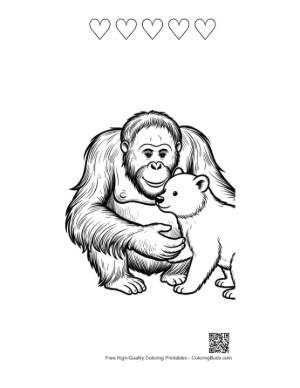 Thumbnail: Orangutan Gently Embracing Cute Polar Bear Cub Printable and 5 Heart Outline