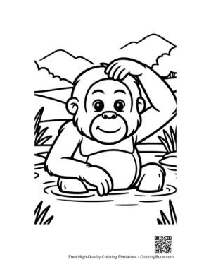 Thumbnail: Playful Baby Ape Scratching Its Head While Sitting in the Water Printable