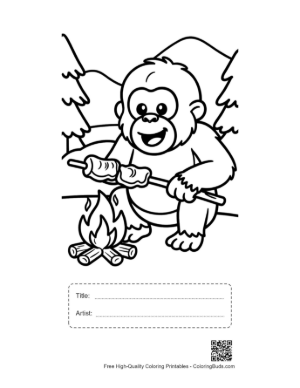 Thumbnail: Playful Young Ape Enjoying a Cozy Campfire in the Woods Printable with Title and Artist Box