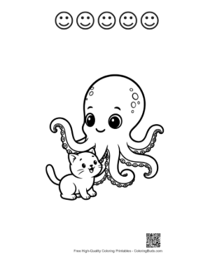 Thumbnail: Cute Octopus Hugging Adorable Kitten Printable and 5 Happy Face Outline
