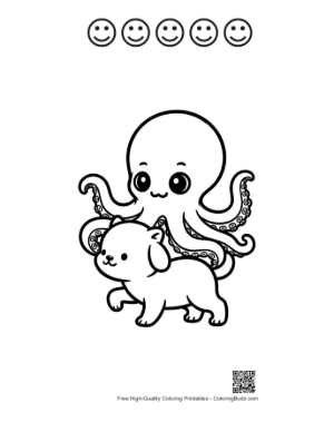 Thumbnail: Cute Octopus Hugging Fluffy Puppy Printable and 5 Happy Face Outline