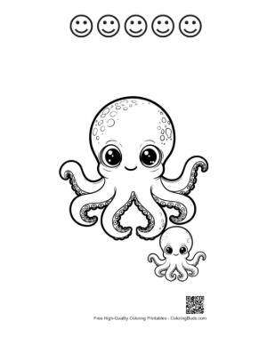 Thumbnail: Cute Octopus Mom and Baby Hug Printable and 5 Happy Face Outline
