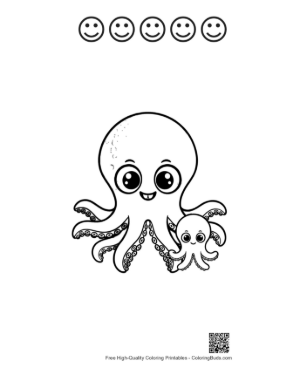 Thumbnail: Cute Octopus Mom Hugging Baby Octopus Printable and 5 Happy Face Outline