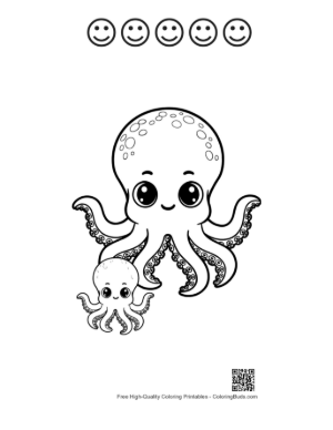 Thumbnail: Cute Octopus Mom Hugging Baby Octopus Printable and 5 Happy Face Outline