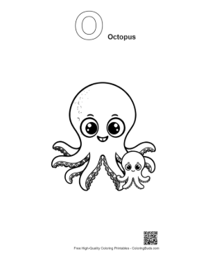 Thumbnail: Cute Octopus Mom Hugging Baby Octopus Printable Outline Alphabet O Octopus