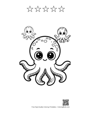 Thumbnail: Cute Octopus Mom with Smiling Babies Printable and 5 Star Outline
