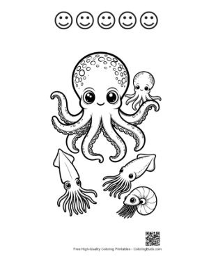 Thumbnail: Cute Octopus with Baby and Playful Squids Printable and 5 Happy Face Outline