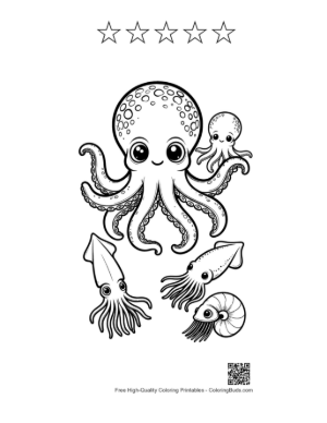 Thumbnail: Cute Octopus with Baby and Playful Squids Printable and 5 Star Outline