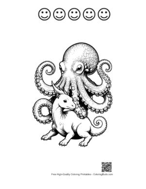 Thumbnail: Giant Octopus Embracing Baby Dragon Printable and 5 Happy Face Outline