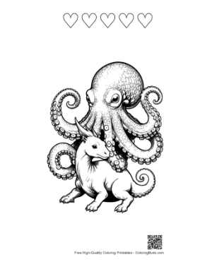 Thumbnail: Giant Octopus Embracing Baby Dragon Printable and 5 Heart Outline
