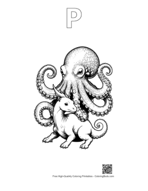 Thumbnail: Giant Octopus Embracing Baby Dragon Printable Outline Alphabet P