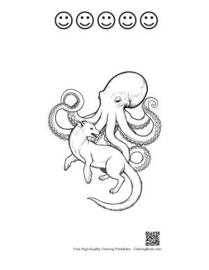 Thumbnail: Giant Octopus Embracing Fox in Line Art Printable and 5 Happy Face Outline