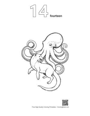 Thumbnail: Giant Octopus Embracing Fox in Line Art Printable Outline Number 14