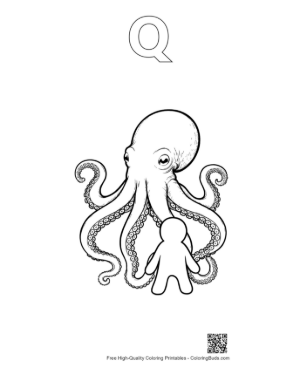 Thumbnail: Giant Octopus Embracing Little Stick Figure Printable Outline Alphabet Q
