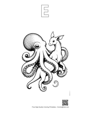 Thumbnail: Giant Octopus Embracing Mythical Foal Printable Outline Alphabet E