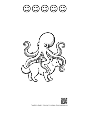 Thumbnail: Giant Octopus Rides Playful Husky Dog Printable and 5 Happy Face Outline