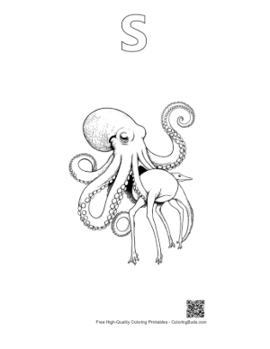 Thumbnail: Giant Octopus Riding Surreal Deer Hybrid Printable Outline Alphabet S