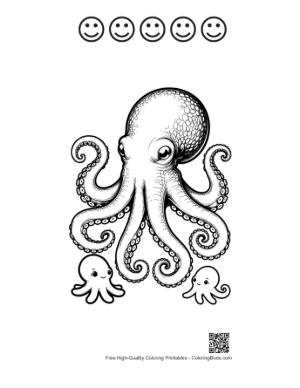 Thumbnail: Giant Octopus with Playful Baby Octopuses Printable and 5 Happy Face Outline