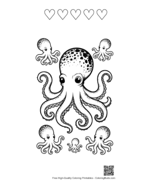 Thumbnail: Giant Spotted Octopus with Baby Octopuses Printable and 5 Heart Outline