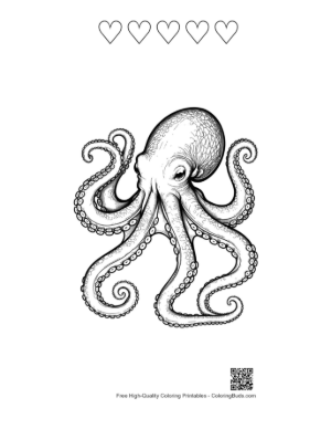 Thumbnail: Gigantic Ink-Black Octopus Illustration Printable and 5 Heart Outline