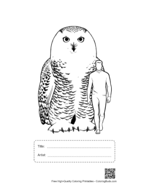 Thumbnail: Giant Snowy Owl Towering Over Man Printable with Title and Artist Box