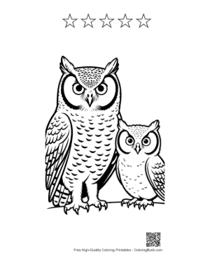 Thumbnail: Great Horned Owl and Owlet Gazing Together Printable and 5 Star Outline