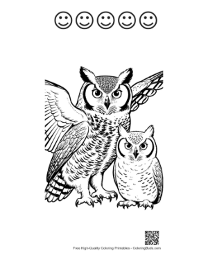Thumbnail: Great Horned Owl Pair in Majestic Stance Printable and 5 Happy Face Outline